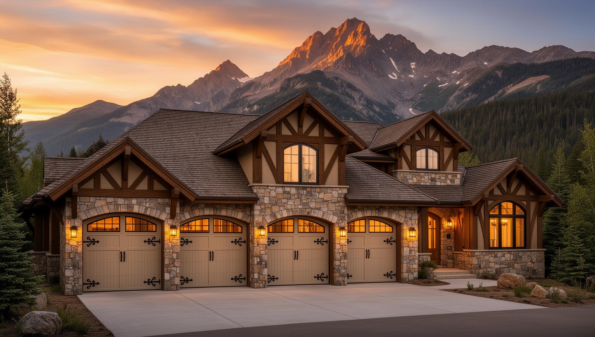 Beautiful mountain lodge home with coastal style garage doors